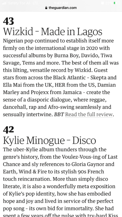 Wizkid&#8217;s Made In Lagos Ranked Among Top 50 Best Albums of 2020 by The Guardian UK