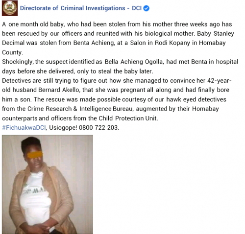 Kenyan woman steals a newborn baby after convincing her husband she was pregnant